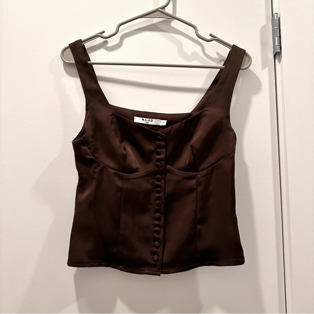 Deep Brown button up satin top